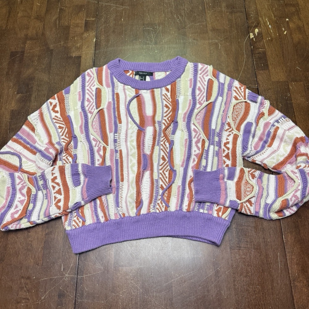 Forever 21 Textured‎ Stripe Knit Sweater Womens Small Purple Retro Coogi like